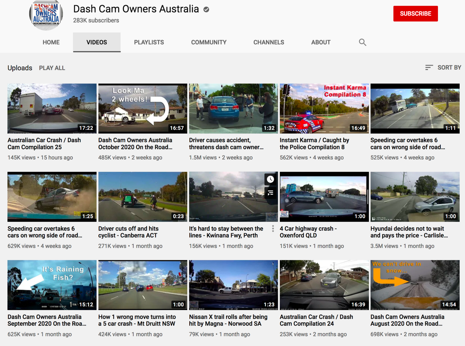 A screenshot of Dash Cam Owners Australia's YouTube account
