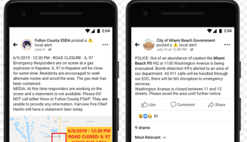 A screenshot of Facebook's local alerts for emergencies like bushfires