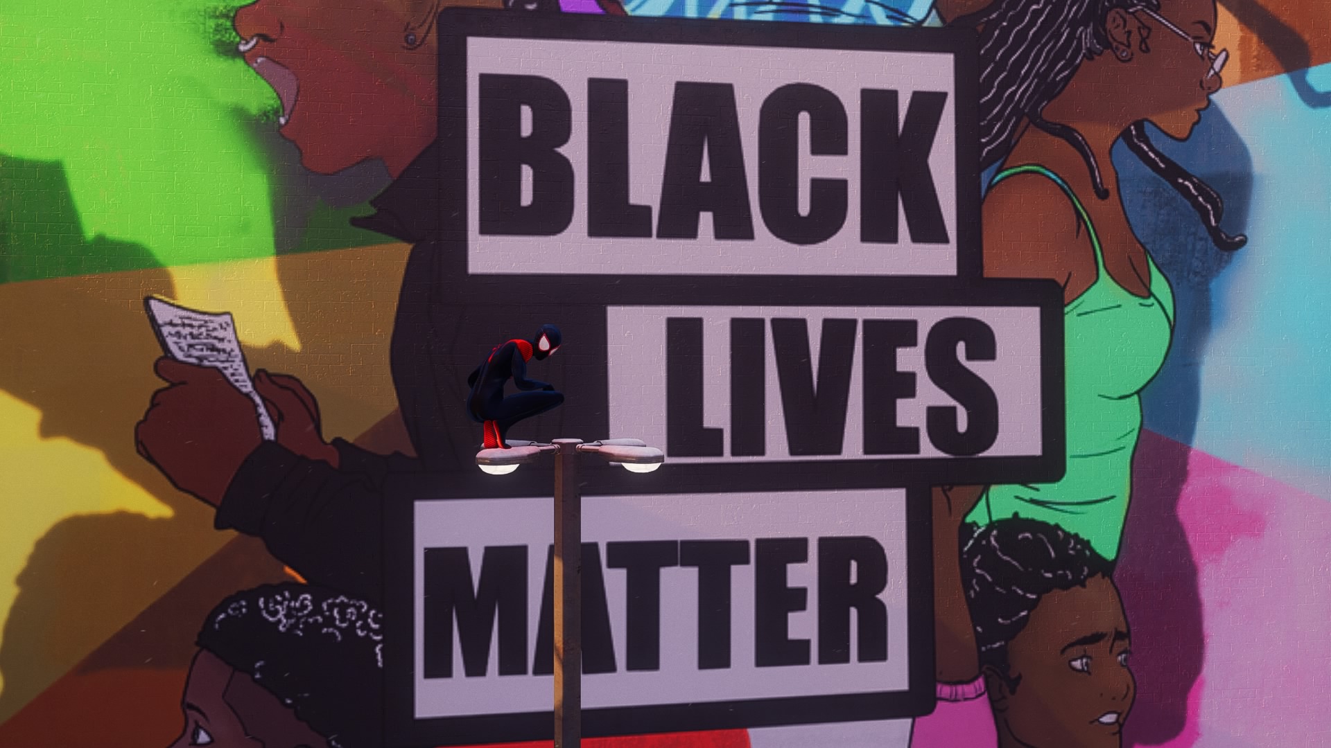 Miles perched atop a street light in front of a Black Lives Matter mural. (Screenshot: Insomniac)