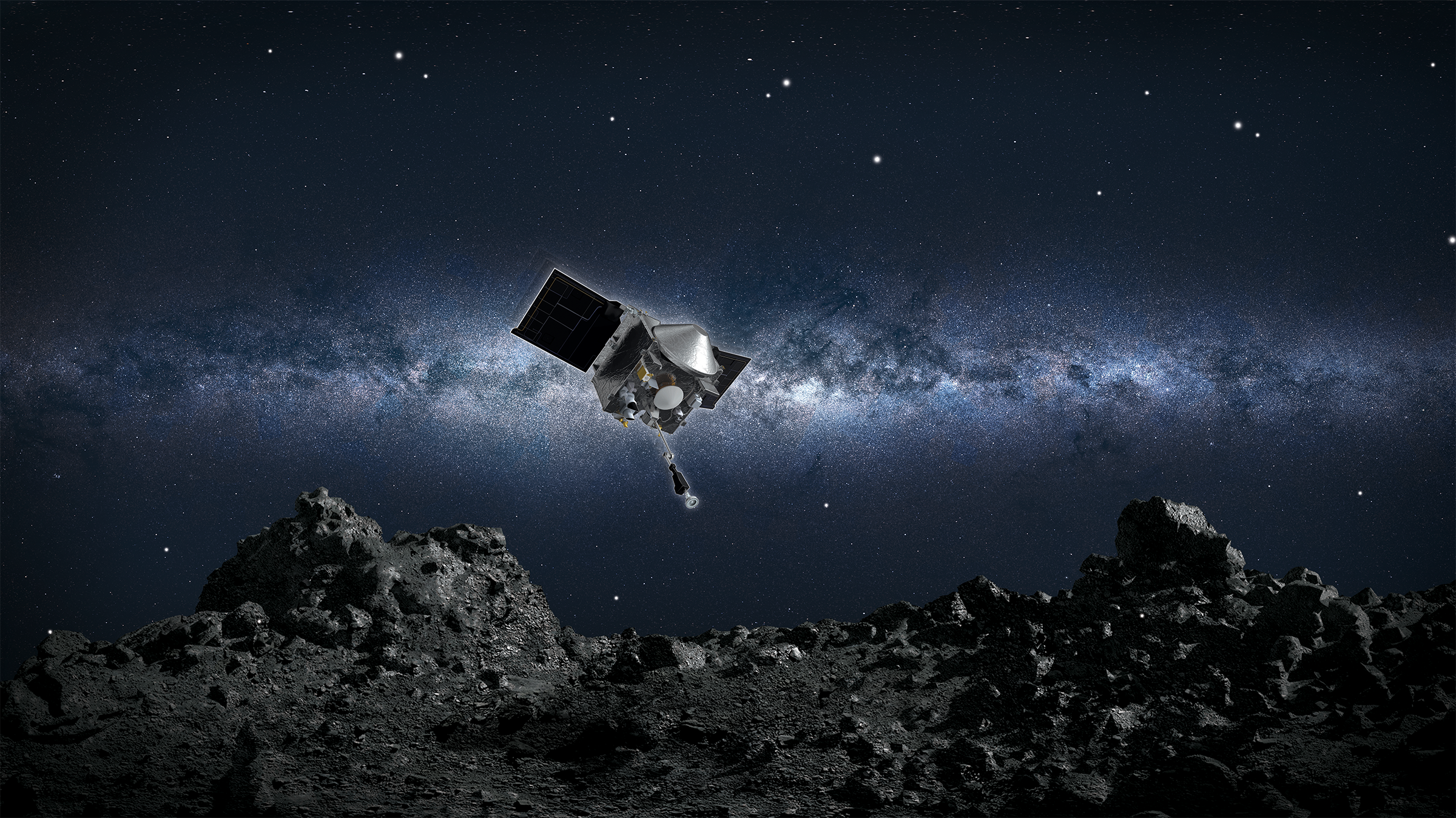Conceptual image of OSIRIS-REx, currently at asteroid Bennu.  (Image: NASA)