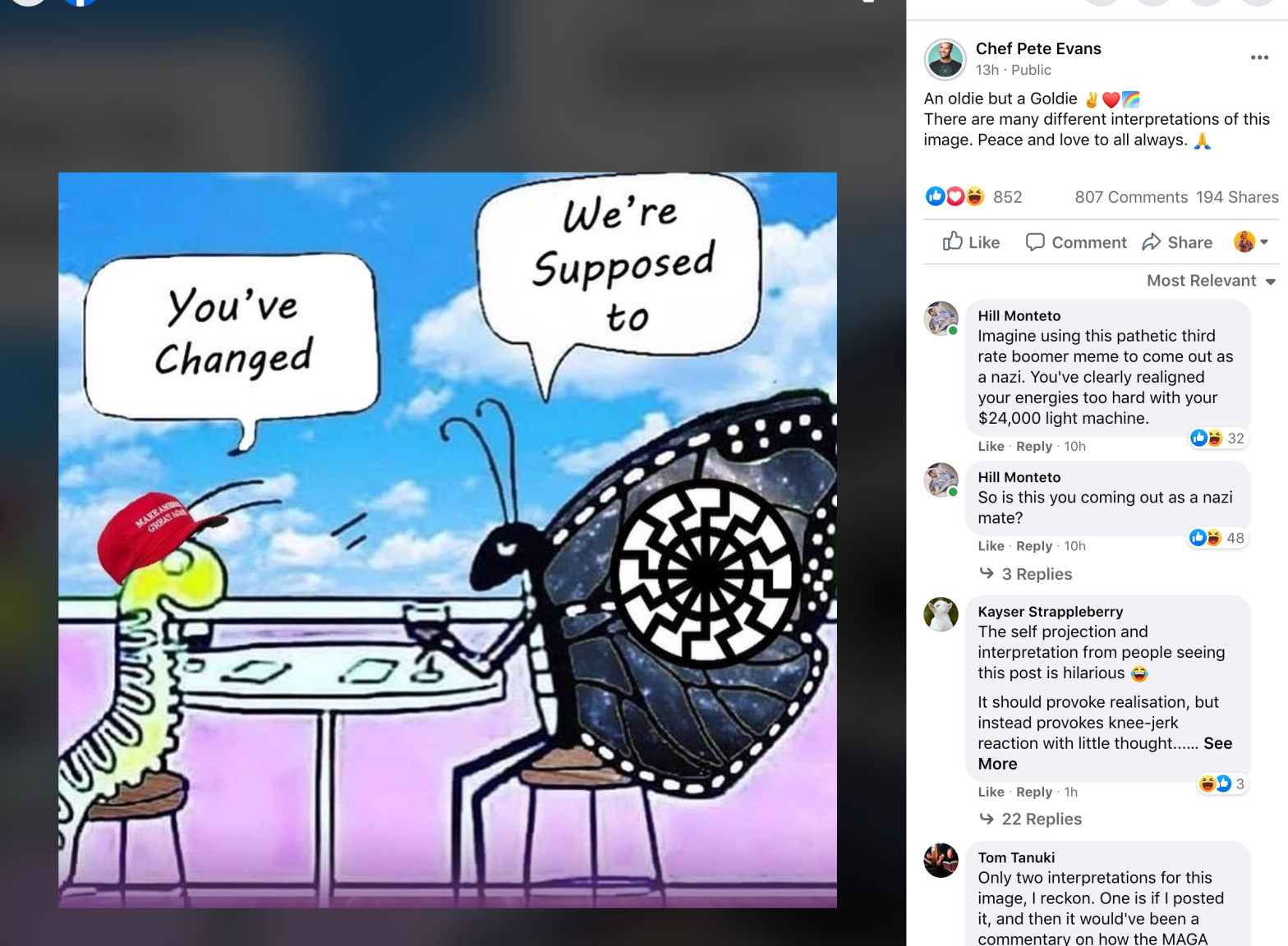 A cartoon posted by Pete Evans featuring a neo nazi symbol