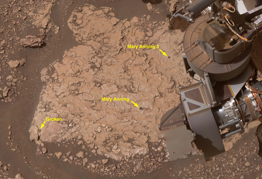 Three recent holes drilled by Curiosity. (Image: NASA)