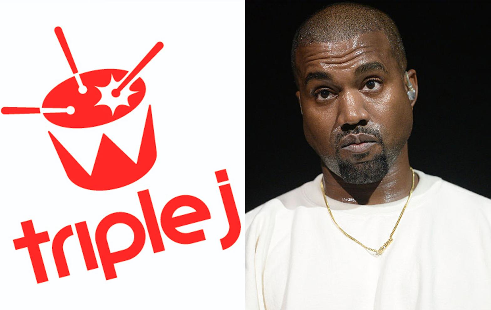 A photograph of Kanye West and the triple j logo, who was temporarily banned from Twitter for posting about his Yeezus song