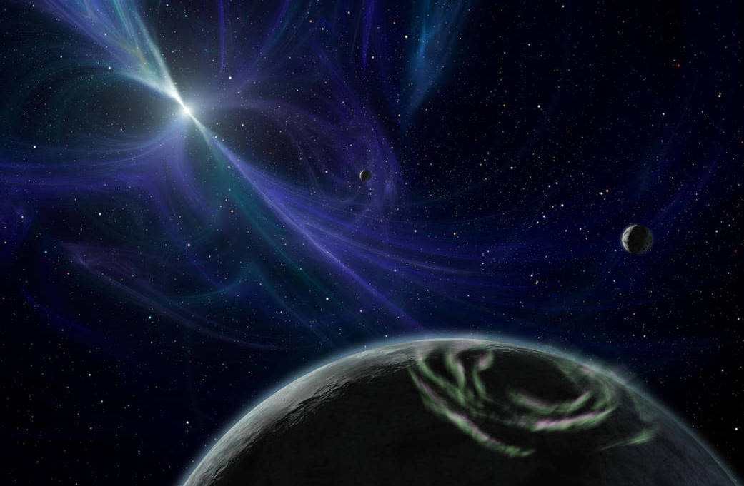 Artist's impression of the first exoplanet ever discovered, which happens to orbit a pulsar.  (Illustration: NASA/JPL-Caltech)