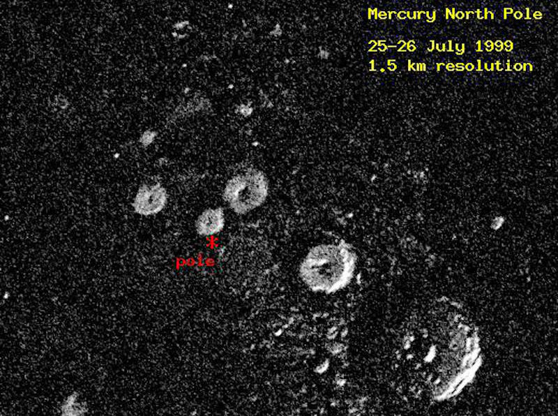 Arecibo radar image showing ice at Mercury's north pole.  (Image: NAIC)