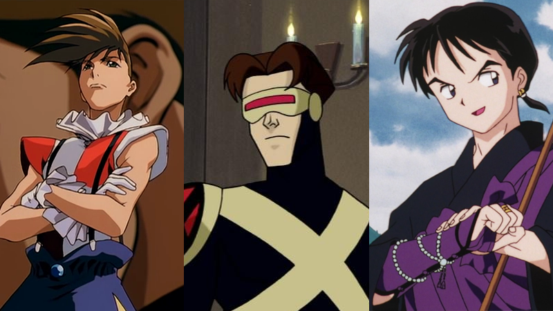 Some of Morrow's most iconic roles: Trowa Barton, Cyclops, and Miroku. (Screenshot: Sunrise, Warner Bros./Marvel Studios)