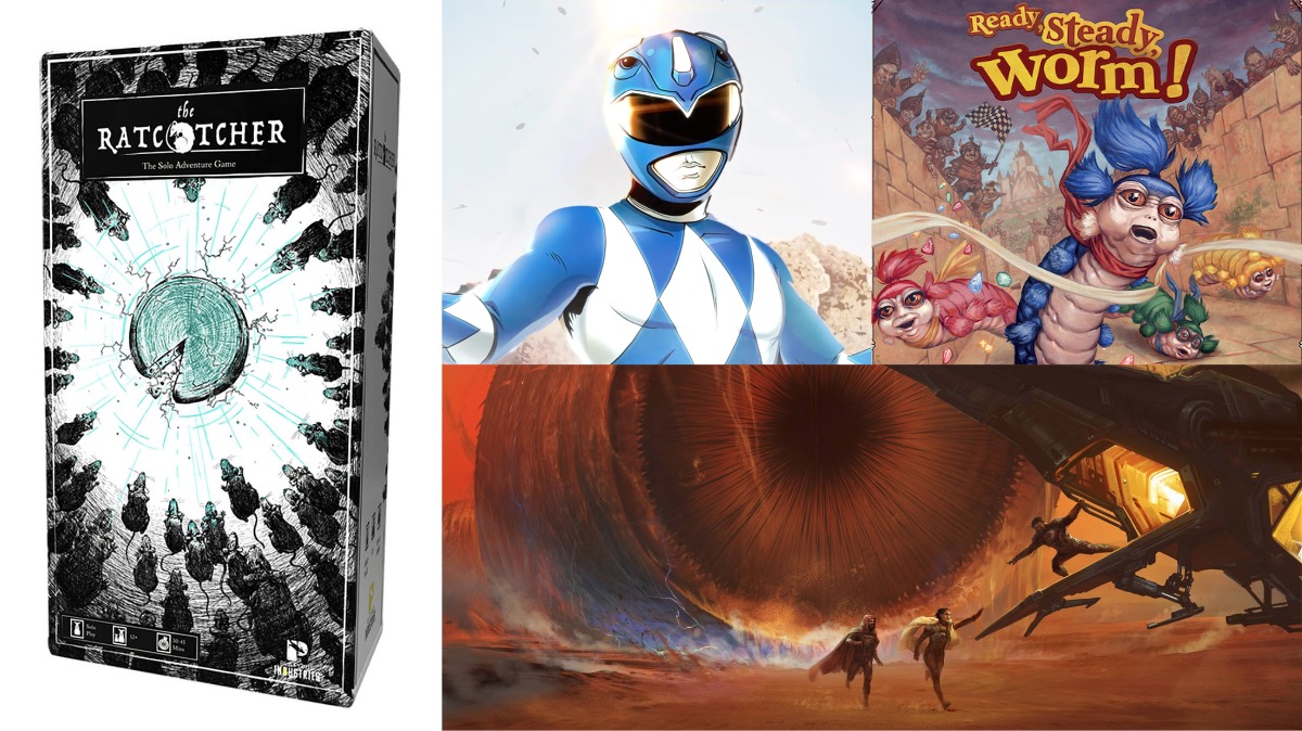 Clockwise from left: The Ratcatcher, Power Rangers Deck-Building Game, Ready, Steady, Worm!, and Dune: Adventures in the Imperium. (Image: Platypus Industries,Image: River Horse Games,Image: Modiphius,Screenshot: Renegade Game Studios)