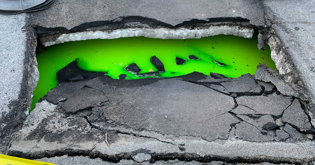 A sinkhole filled with green goo, Leslieville toronto canada