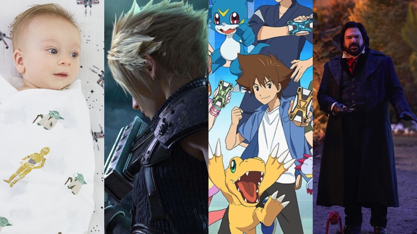From left: Pottery Barn Star Wars swaddle, Final Fantasy VII Remake, Digimon Adventure, and What We Do in the Shadows. (Image: Pottery Barn,Image: Square Enix,Image: Toei Animation,Image: FX)