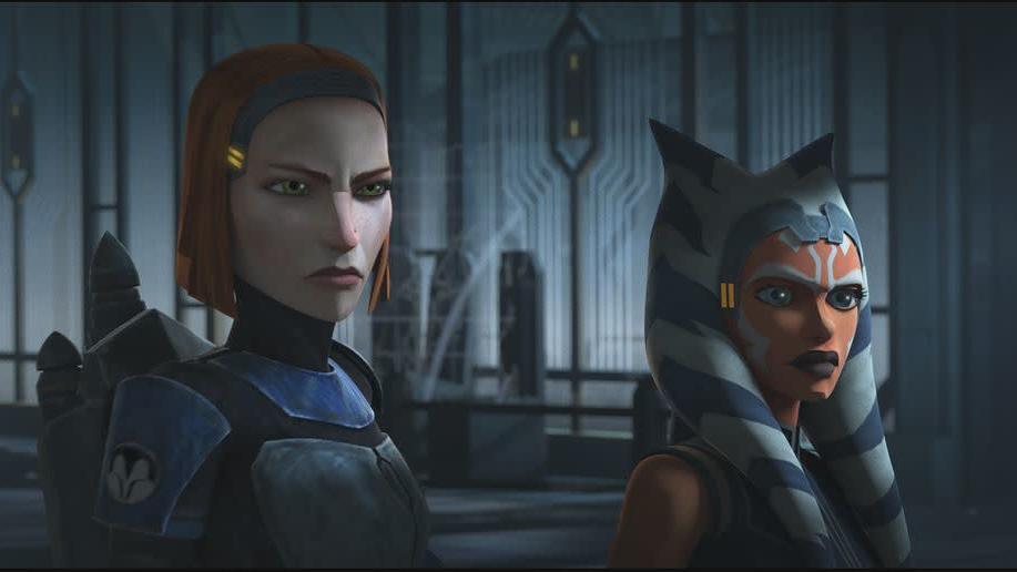 Katee Sackoff voiced Bo-Katan in Star Wars: The Clone Wars and Star Wars: Rebels, and has since crossed over into The Mandalorian.  (Screenshot: Disney)