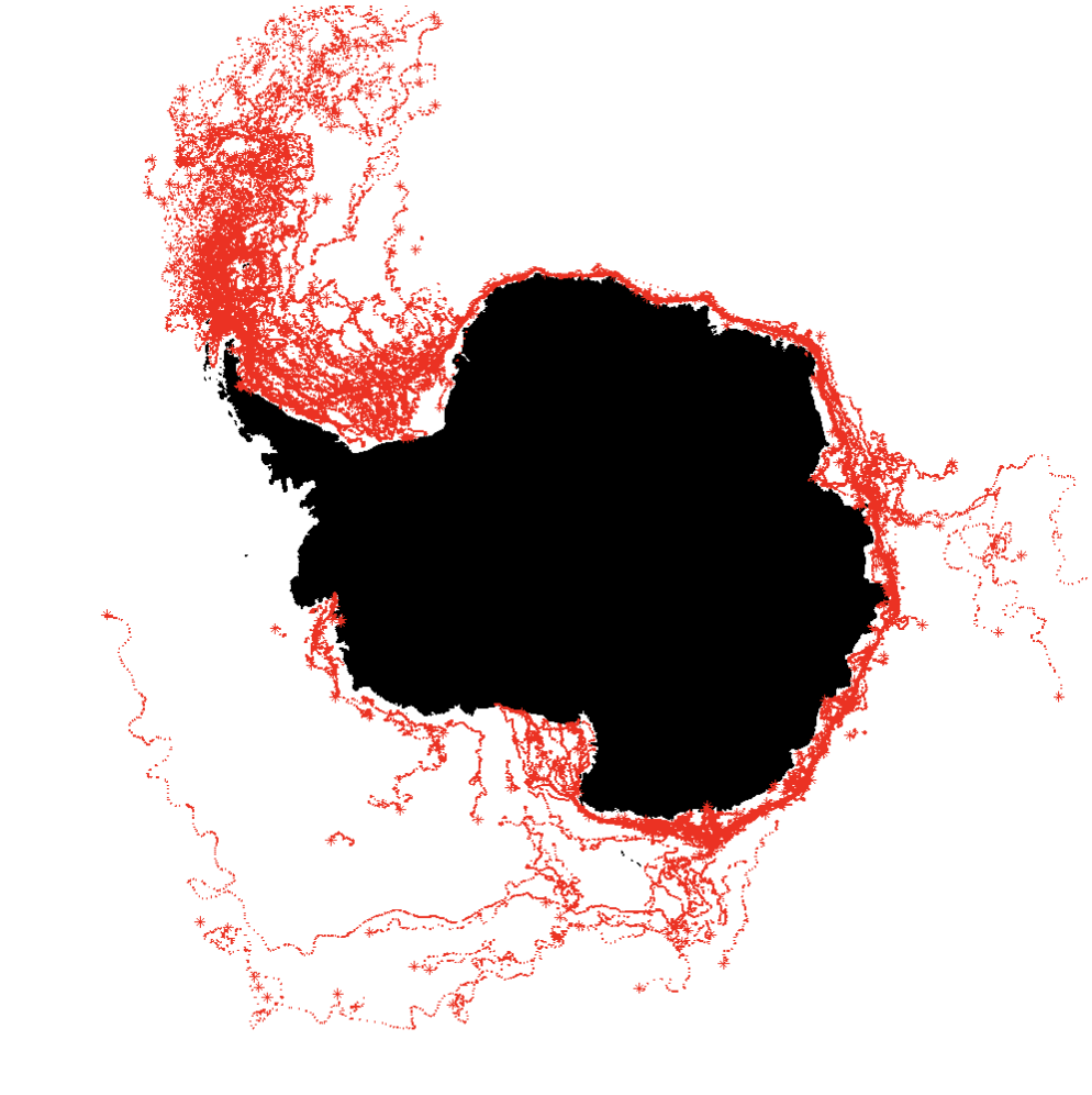 Iceberg movement tracks from 1999 to 2010.  (Graphic: NASA/Scatterometer Climate Record Pathfinder)