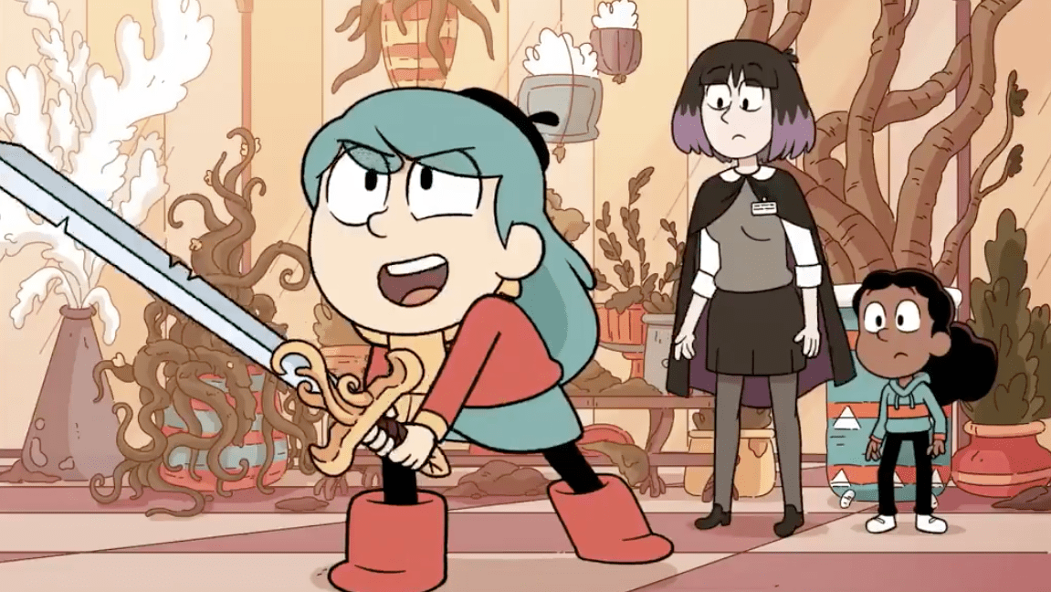 Hilda wielding a sword to protect her friends. (Screenshot: Netflix)