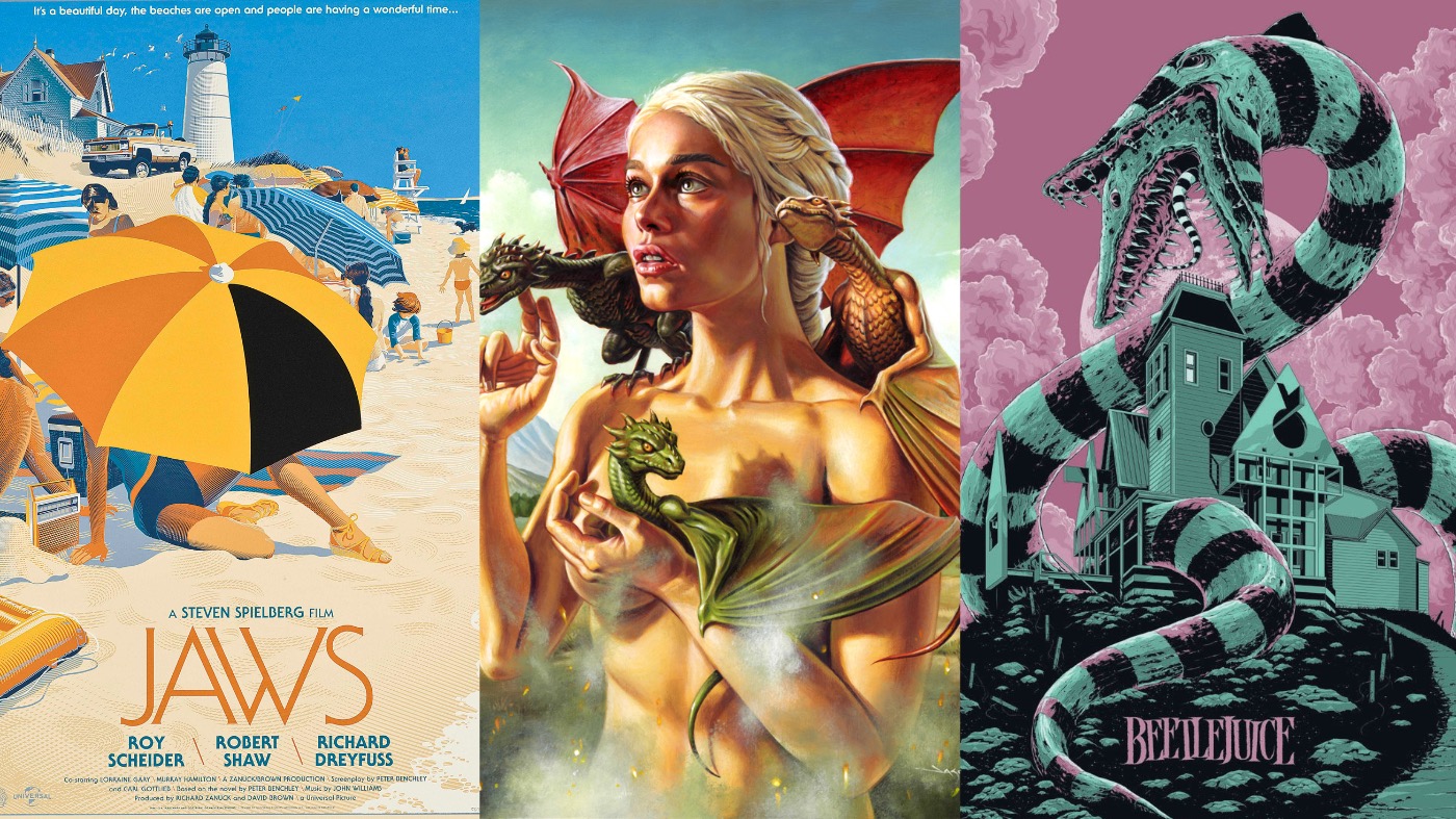 From left: Posters for Jaws, Game of Thrones, and Beetlejuice.  (Image: Mondo)