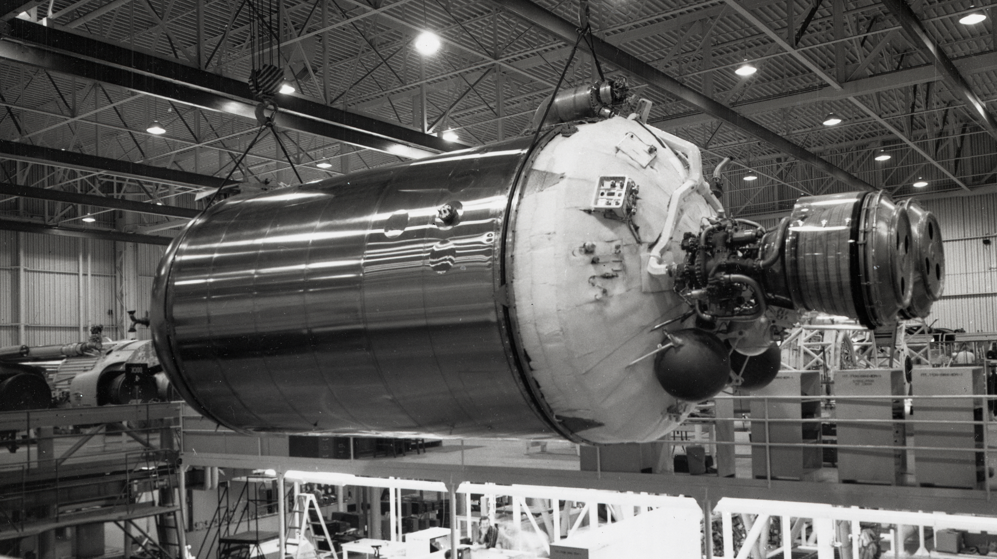 A Centaur second-stage rocket during assembly in 1962. (Image: NASA)