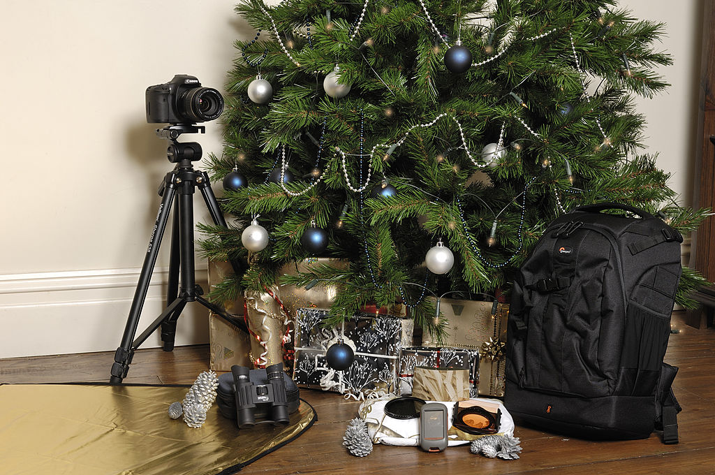Photography equipment and gifts under a Christmas tree, Bath, November 17, 2010. (Photo by Amanda Thomas/PhotoPlus magazine via Getty Images)