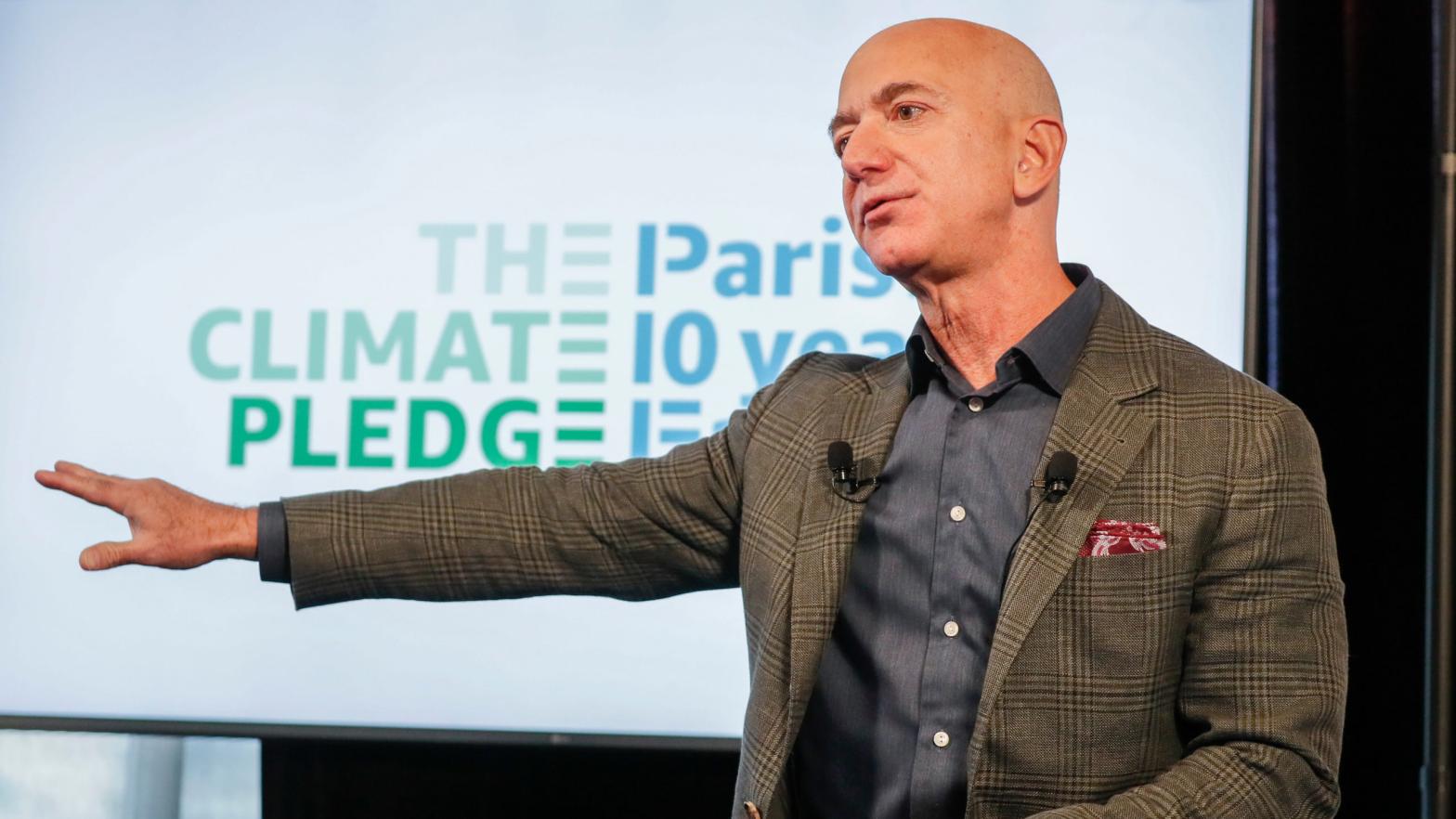 Amazon CEO Jeff Bezos announcing the Climate Pledge in September of last year.  (Photo: Paul Morigi, Getty Images)