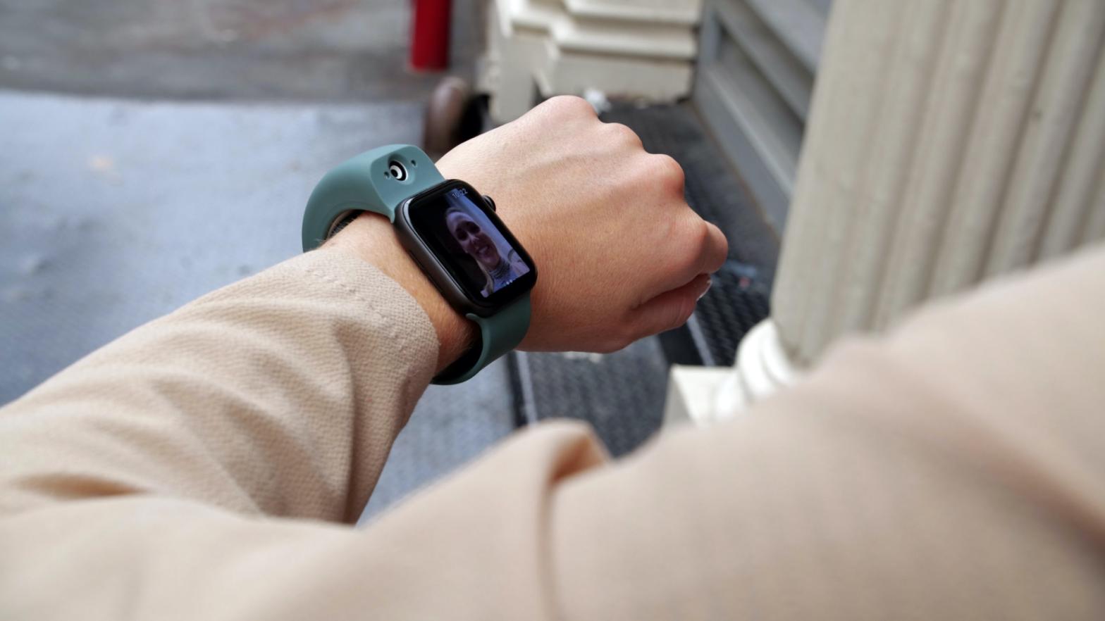 Wristcam is a $US300 ($403) Apple Watch band with a 2-megapixel front-facing camera. I know. I know! (Photo: Wristcam)