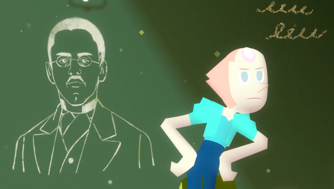 Pearl drawing attention to Lewis Latimer, the patent draftsman responsible for developing a filament production process necessary for modern light bulbs. (Image: Cartoon Network/HBO Max)