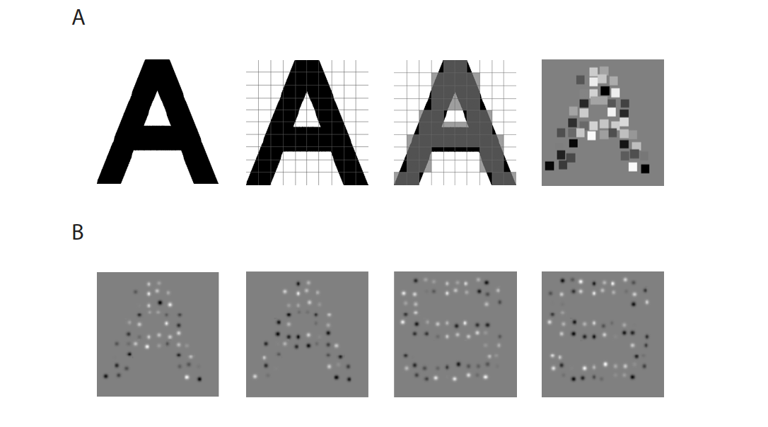(A) Graphic showing the steps for generating the letter 'A' with phosphenes. (B) Impressions of phosphenes forming the letters 'A' and 'S.' (Image: X. Chen et al., 2020/Science)