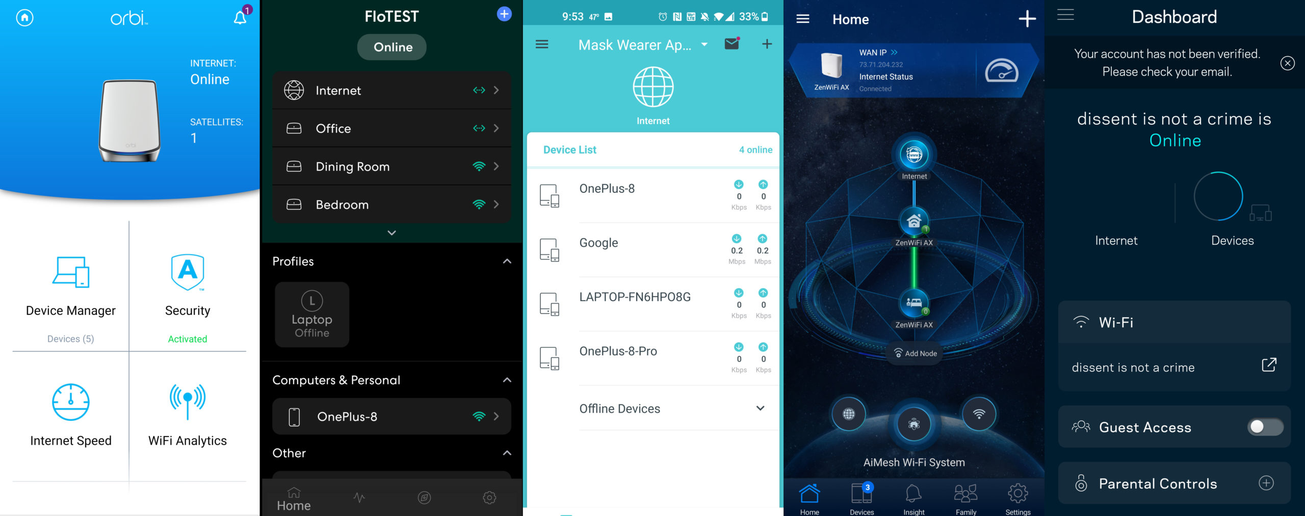 App screenshots, from left to right: Netgear Orbi WiFi 6, Eero 6, TP-Link Deco X20, Asus ZenWiFi AX6600 XT8, Linksys Velop AX M10.  (Screenshot: Florence Ion)