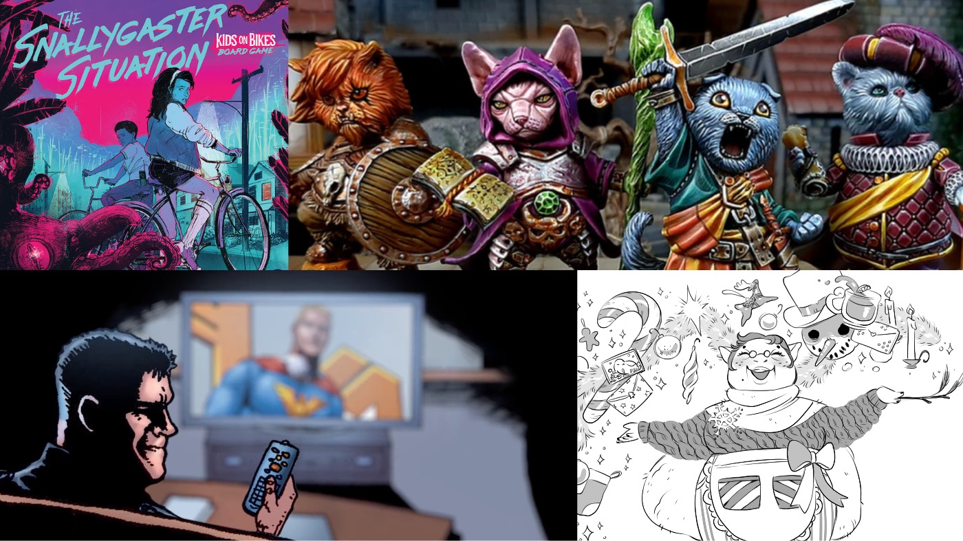 Clockwise from left: The Snallygaster Situation: A Kids on Bikes Board Game, Cat Knights, Adventure Calendar, and The Boys: This Is Going to Hurt. (Image: Renegade Game Studios,Image: Wendys Miniatures,Image: Kanesha Bryant/Rowan, Rook and Decard,Image: 1First Games)