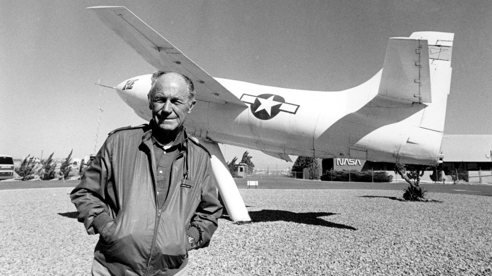 In this Sept. 4, 1985 file photo, Chuck Yeager, the first pilot to  break the sound barrier in 1947, poses at Edwards Air Force Base,  Calif., in front of the rocket-powered Bell X-IE plane that he flew.  Yeager died Monday, Dec. 7, 2020, at age 97. (Photo: Douglas C. Pizac, AP)