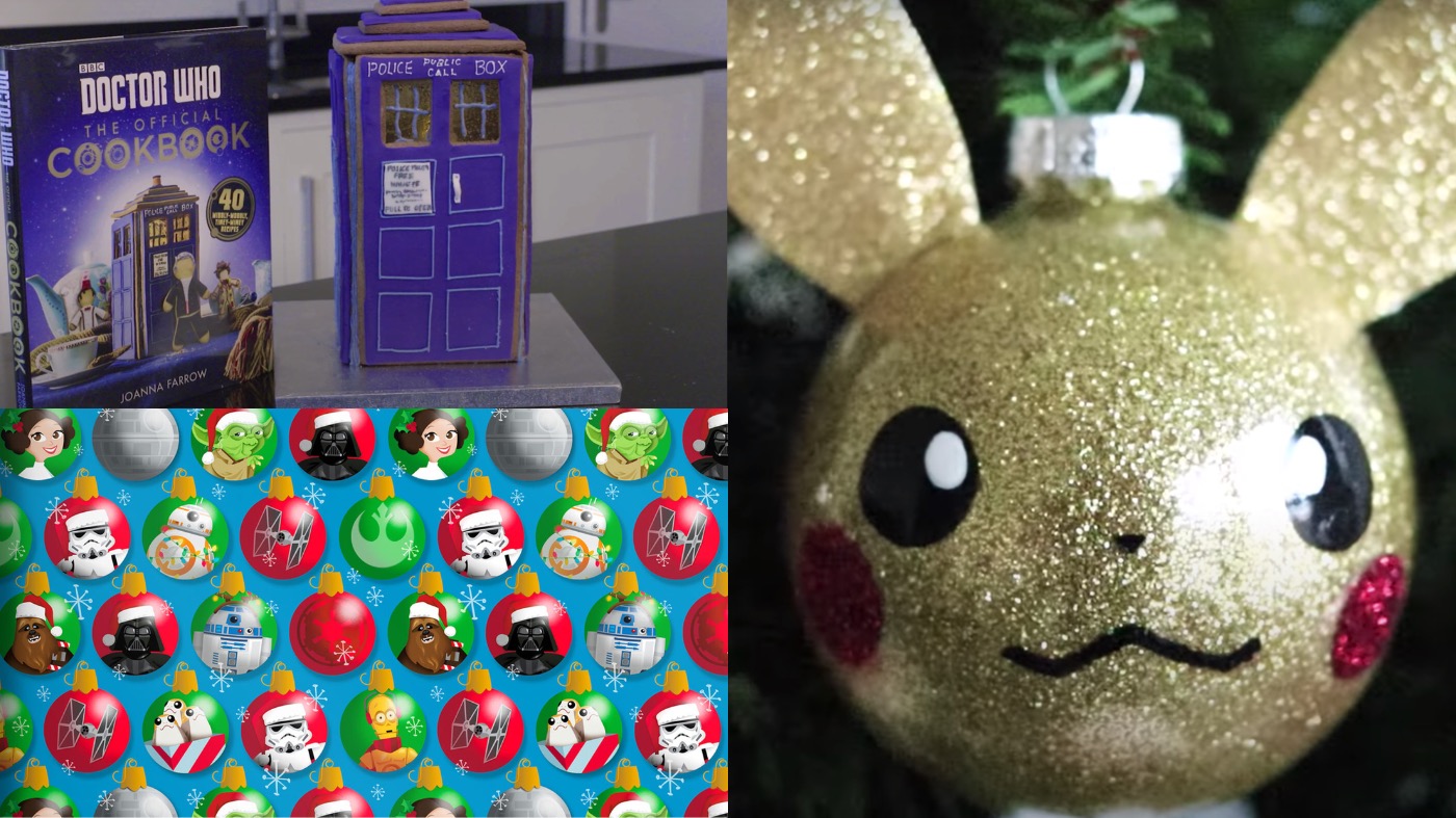 Clockwise from left: Gingerbread Tardis, Pokémon ornament, and Star Wars wrapping paper.  (Screenshot: The Happy Foodie,Screenshot: GandaKris,Image: Hallmark)