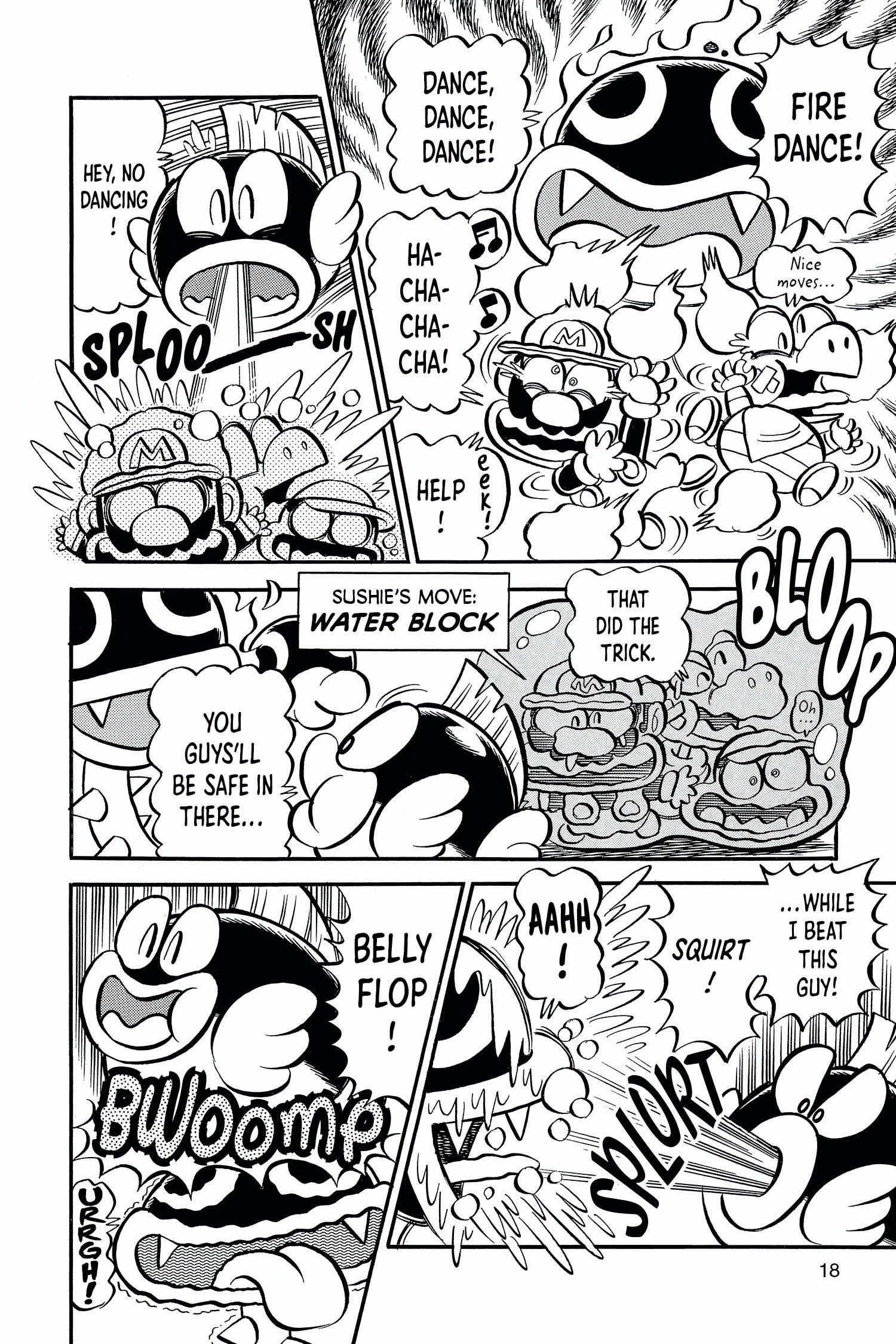 Mario doing battle with a Piranha Plant and some Cheep Cheeps. (Image: Viz Media)