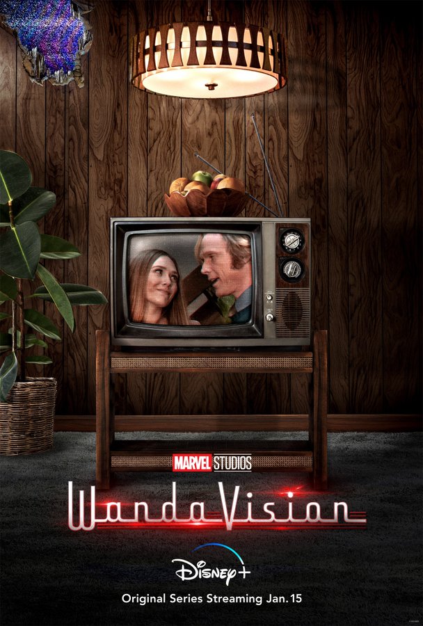 A now colorized Wanda and Vision being featured on a television screen in the middle of a living room that seems plucked from the '70s. (Image: Disney+/Marvel)