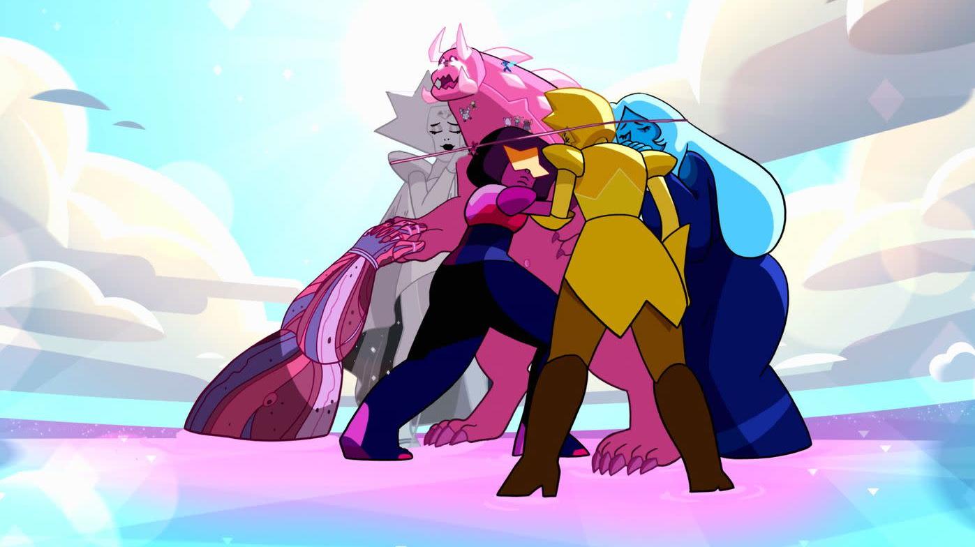 The Crystal Gems hugging it out with one final monster. (Screenshot: Cartoon Network)