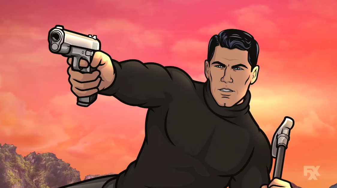 Sterling Archer gunning someone down while clutching his new cane. (Screenshot: FX)