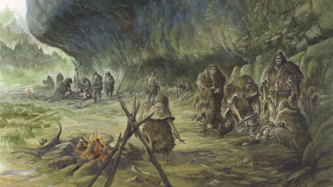 Artist's impression of the Neanderthal child burial at the Ferrassie rock shelter some 41,000 years ago. (Illustration: Emmanuel Roudier)