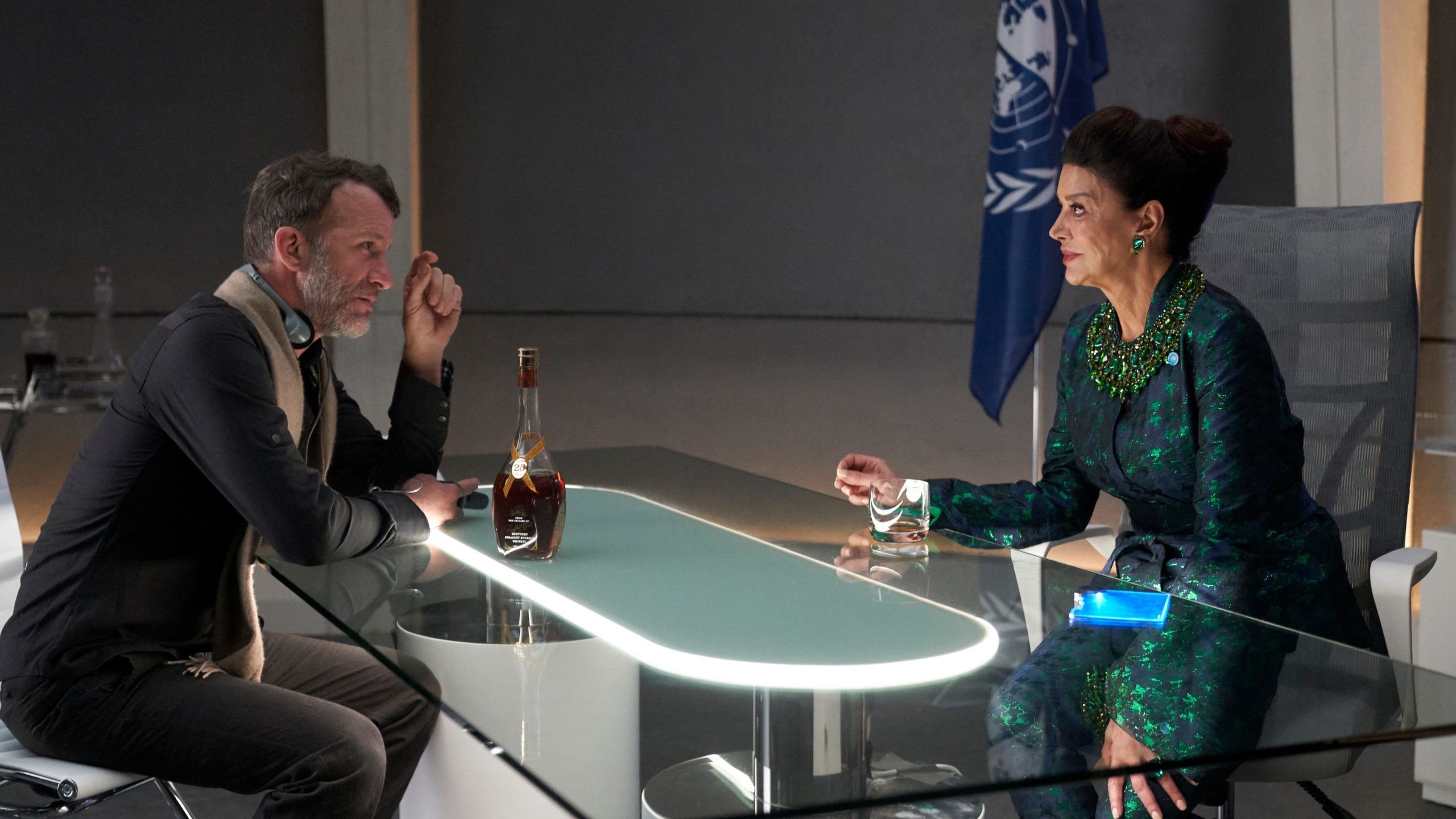 Thomas Jane (left) provides some guidance for Shohreh Aghdashloo while filming a scene, in a series of photos provided exclusively to outlets that attended 2019's The Expanse set visit.