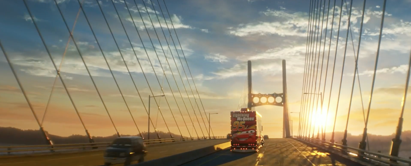 Lightning McQueen's tour bus hitting the open road. (Image: Disney/Pixar)