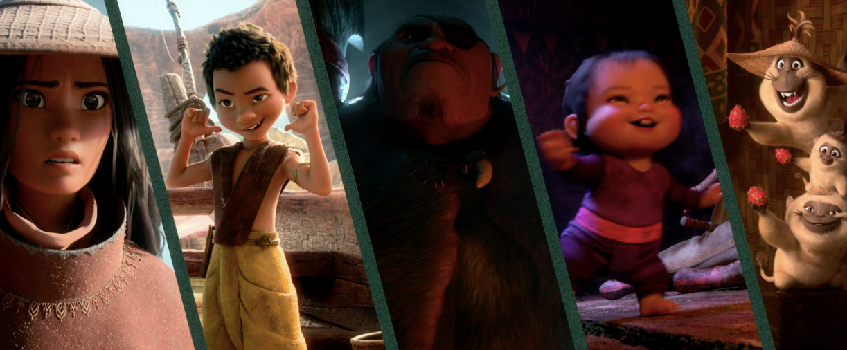 Raya, a 10-year-old boy named Boun, a giant named Tong, a thief baby named Noi, and her helper Ongis. (Screenshot: Disney)