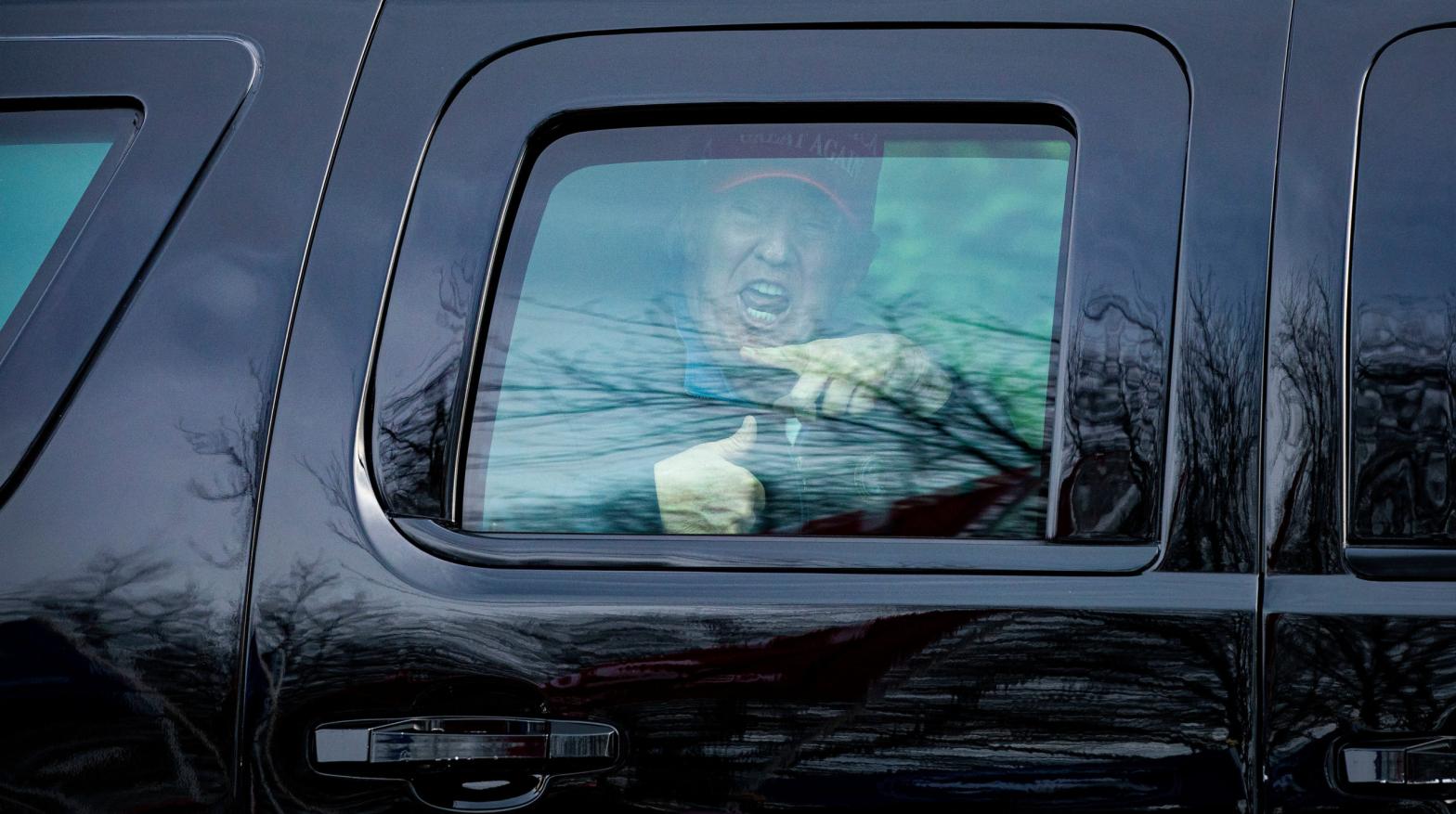 President Donald Trump, a man with the blood of 300,000 American covid-19 victims on his hands, departs Trump National Golf Club on December 13, 2020 in Stirling, Virginia. (Photo: Al Drago, Getty Images)