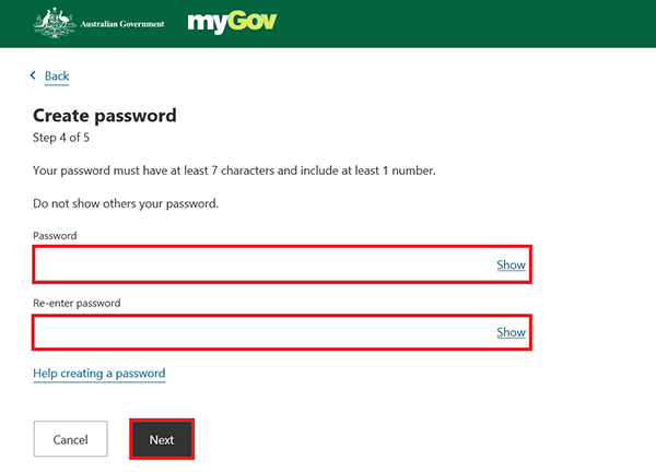 myGov password options