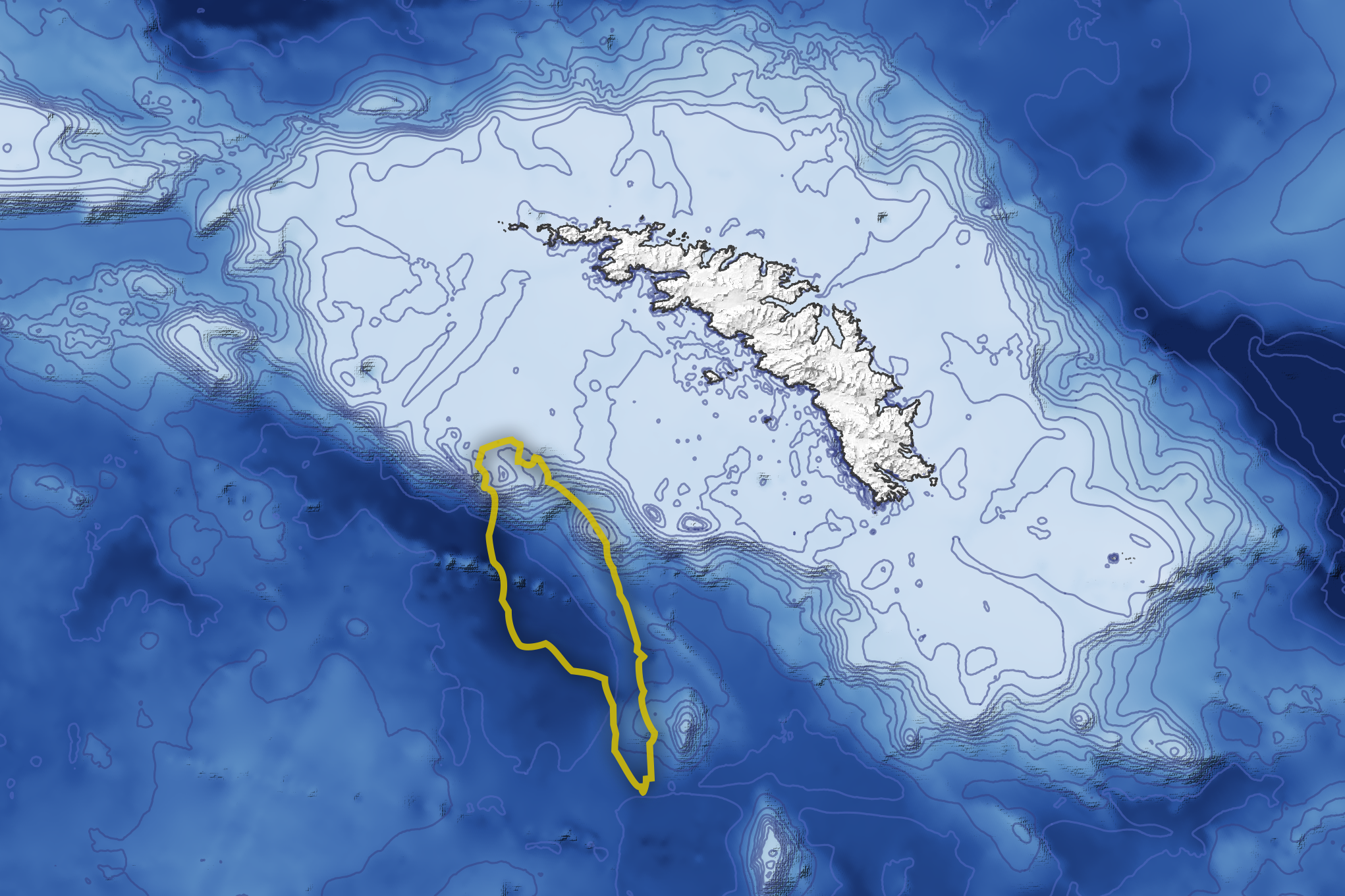 Topographic image showing the northern portion of iceberg A68a (yellow) drifting over the island's shallow submarine shelf. (Image: British Oceanographic Data Centre’s Global Bathmetric Chart of the Oceans (GEBCO)/British Antarctic Survey)