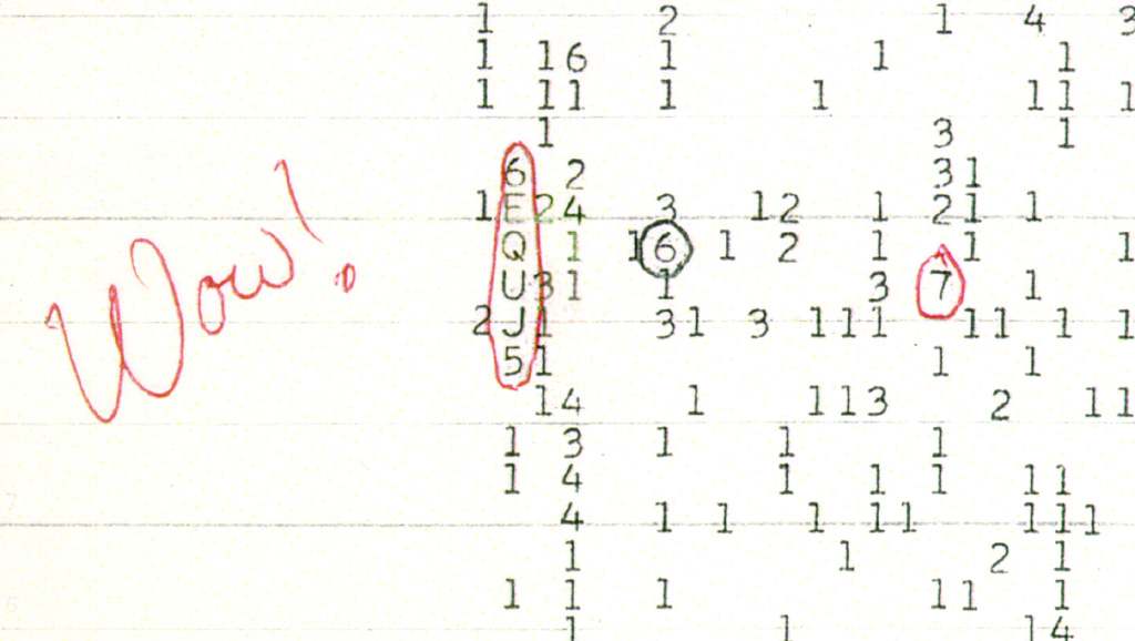 Ehman's handwritten notes on the computer printout.  (Image: Big Ear Radio Observatory and North American AstroPhysical Observatory (NAAPO))