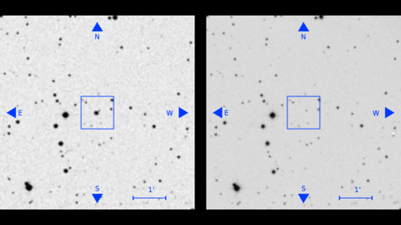 A celestial object appears in an old telescopic plate (left) but is strangely missing in a later plate (right). (Image: B. Villarroel et al. (2019))