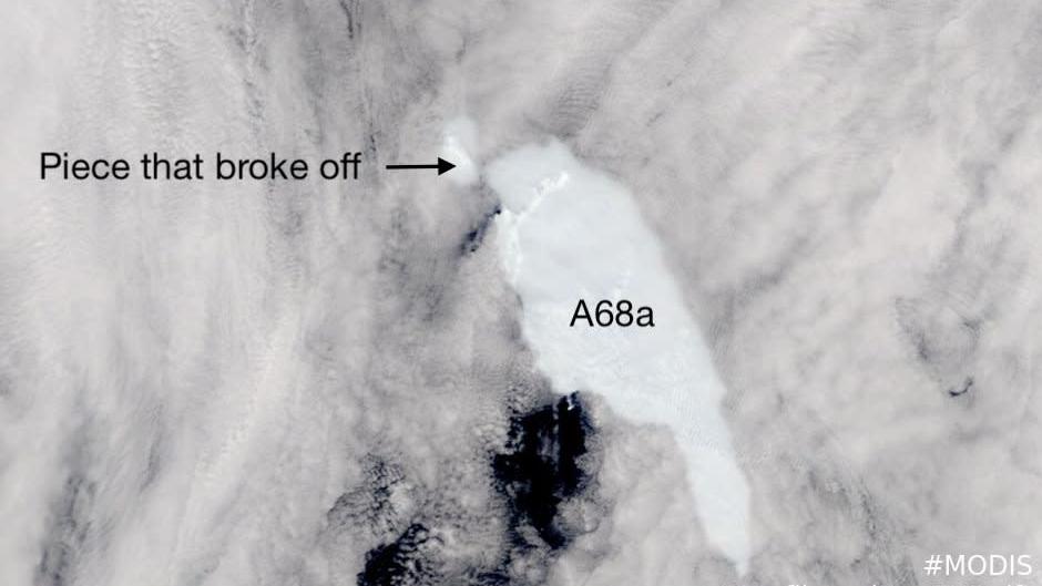 MODIS satellite image showing the new iceberg fragment.  (Image: Stef Lhermitte/TUDelft)