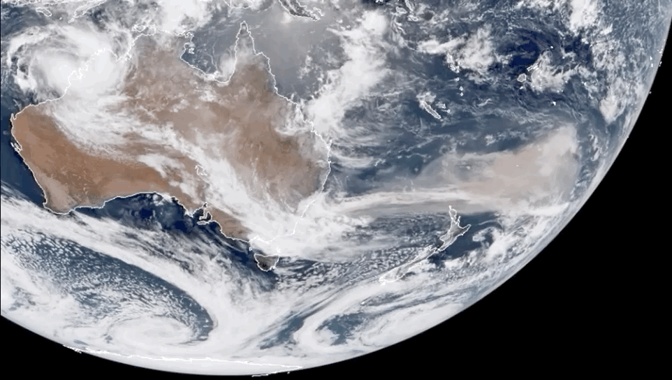 Smoke drifts thousands of miles off Australia's coast in early January. (Gif: NOAA/CIRA)