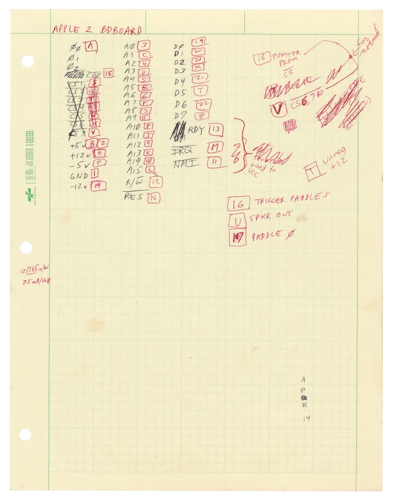 One of 23 pages on which Steve Wozniak sketched out the plans for the Apple II. (Image: RR Auction)