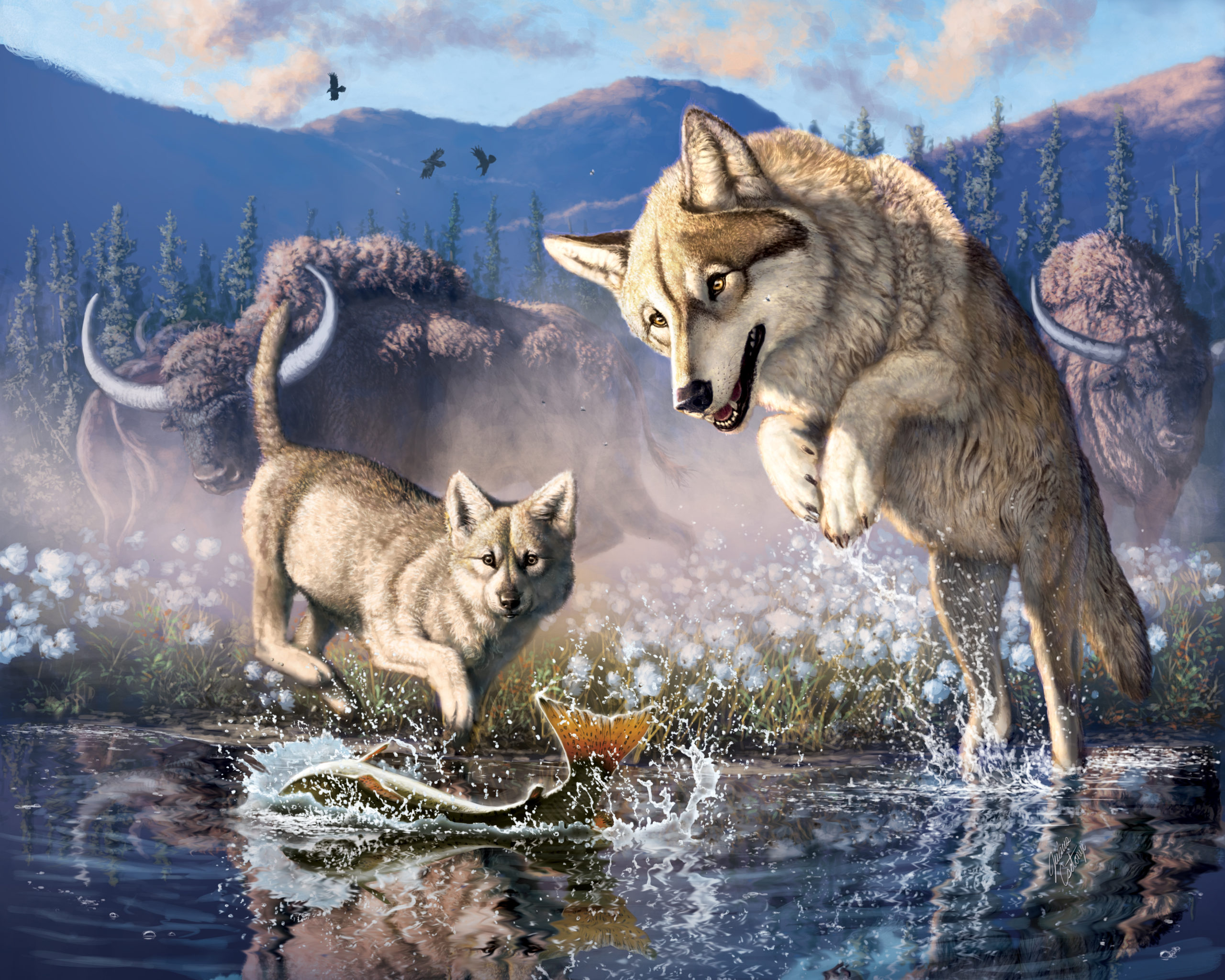Artist's conception of a wolf mother and pup hunting. (Illustration: Julius Csotonyi/Government of Yukon)