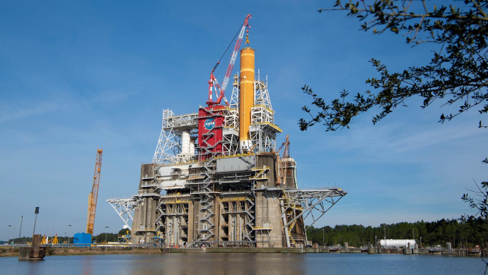 The core stage of NASA's Space Launch System (SLS) in the B-2 Test Stand at NASA's Stennis Space Centre near Bay St. Louis, Mississippi. (Image: NASA)