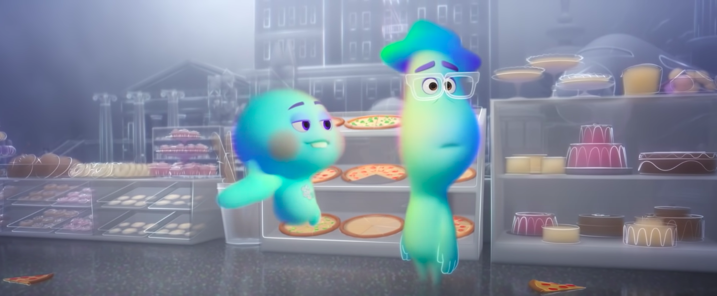 22 and Joe hanging out in a bakery somewhere in the Great Before. (Screenshot: Disney+/Pixar)