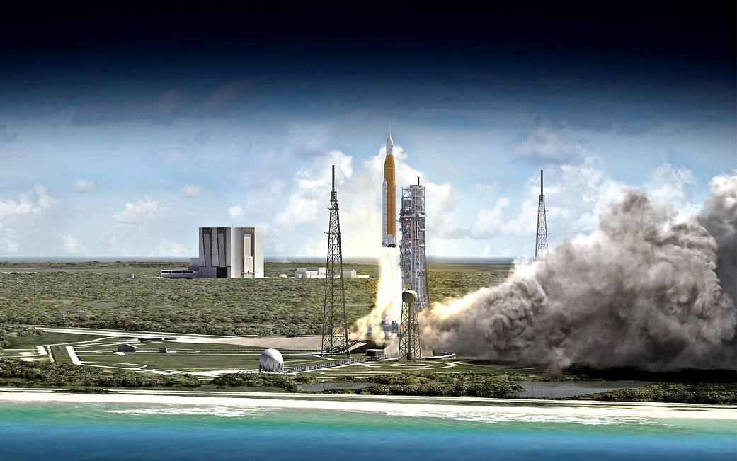 Artist's conception of NASA's Space Launch System (SLS) blasting off.  (Image: NASA)