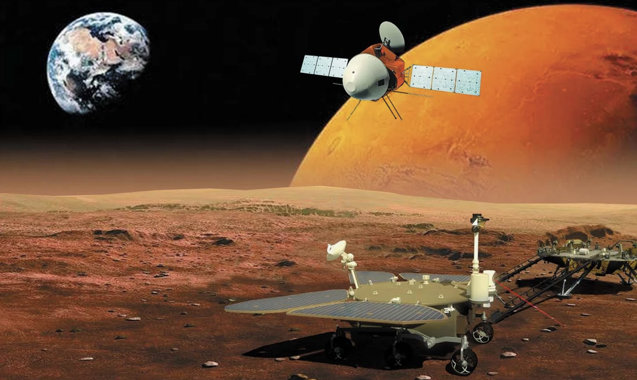 Artist's impression of the Tianwen-1 mission, showing the Martian orbiter, rover, and lander. This art is obviously not realistic, as it shows Mars in the background, Earth at an impossibly close distance, and the orbiter seemingly above the surface. Look, we're as confused as you are.  (Image: CNSA)