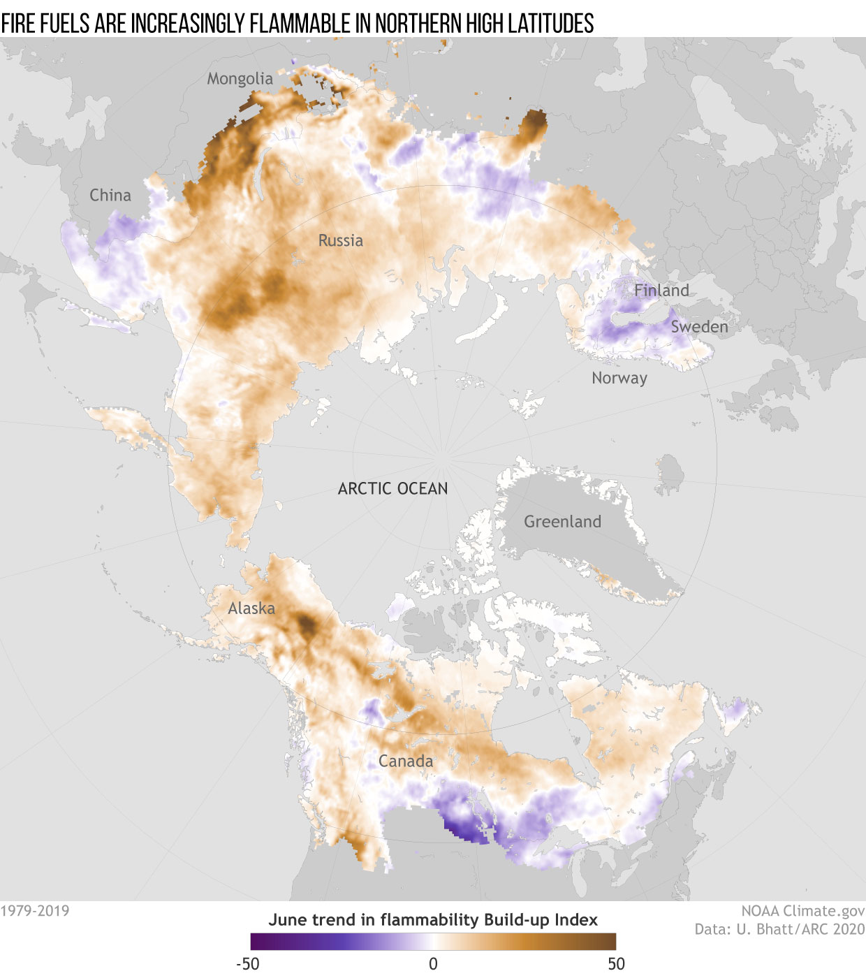 Rising surface temperatures have made fire fuels in Northern Hemisphere high latitudes more flammable over the past 41 years. This map shows the June trend (1979–2019) in the build-up index. Brown indicates increasing flammability; purple indicates decreasing flammability. (Graphic: NOAA)