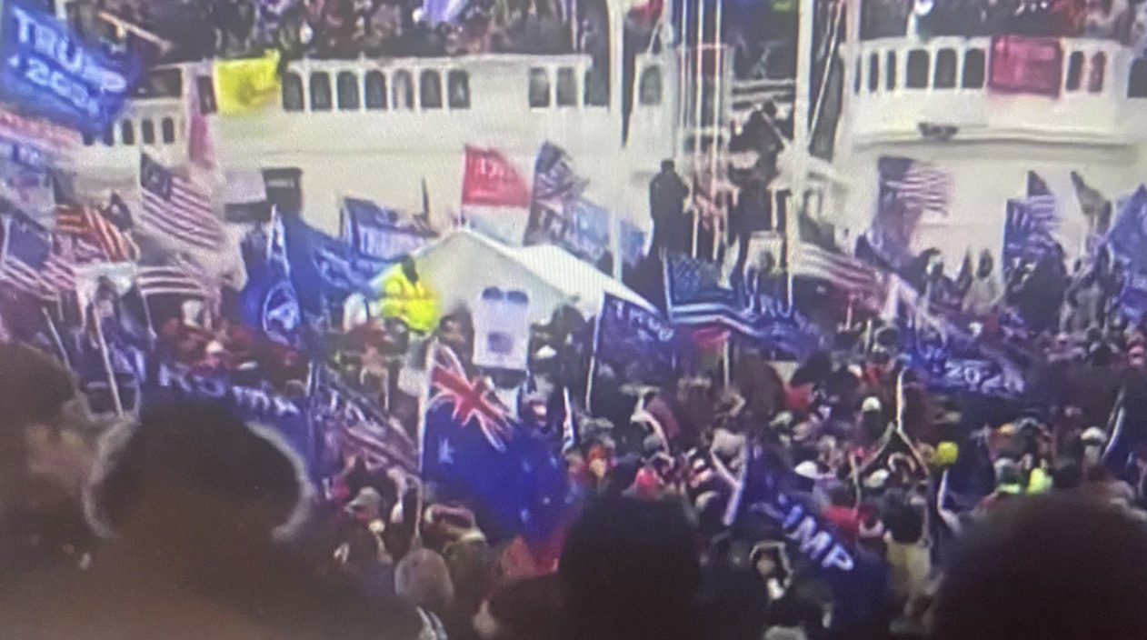 Australia flag at US insurrection riot protest by Trump supporters